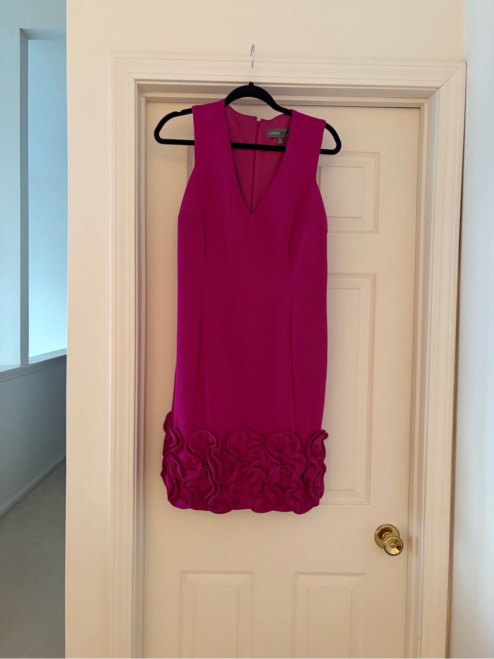 Donna Ricco Fuchsia V-Neck Sleeveless Dress with Rosette Trim